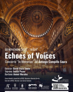 El evento, que se celebrará el próximo 9 de noviembre de 2025 a las 18:00 horas en el Auditorio Alfredo Kraus de Las Palmas de Gran Canaria, presenta un recorrido por la música contemporánea con un claro hilo conductor: la voz. La velada ofrecerá desde el eco de los coros de Venecia con la obra "Echoes of San Marco" de Johan de Meij, pasando por la emotiva voz del folclore sardo con la pieza de Hardy Mertens, hasta alcanzar el clímax con la esperanza e inocencia de la "Mass of the Children" de John Rutter.