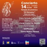 El viernes 14 de noviembre a las 20:00 h. tendremos el concierto inaugural de la VIII edición del Festival Internacional de Música Coral de Canarias con el Coro Schola Cantorum de la ULPGC con el maestro Stefano Degano al frente, el maestro Hugo Escobar interpretará junto a su Coral Canto de Alisos una selección de números del Gloria de Vivaldi y terminará el concierto una fusión entre el Coro Dona Nobis Pacem de Zaragoza y el Coro de Cámara Comcanto del Colegio Oficial de Médicos de Las Palmas que dirigirán conjuntamente Ricardo Solans y Luis Pérez. Este encuentro coral se realizará en el Templo Ecuménico "El Salvador" de Playa del Inglés en el municipio de San Bartolomé de Tirajana con entrada libre hasta completar el aforo.
