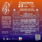 El domingo 23 de noviembre de 2025, el Gabinete Literario de Las Palmas de Gran Canaria acogerá un concierto especial a las 12:00 horas, como clausura de la VIII edición del Festival Internacional de Música Coral de Canarias El evento contará con la actuación de la Coral Amati del Círculo Cultural de Telde, dirigida por Narmis Hernández, quien también estará al frente del Coro Donna Voce. Junto a ellas, participará el Coro de las EEMM Candidito de Teror, bajo la dirección de Joyce Kazoum, y la Coral Polifónica de Arucas, dirigida por Víctor Batista.