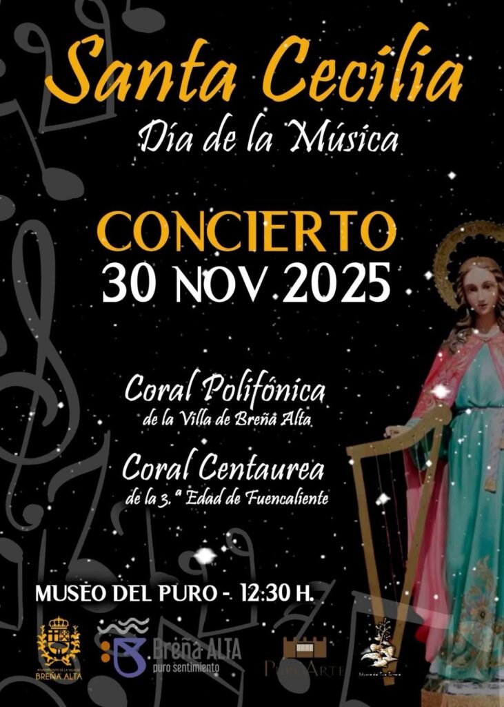 El municipio de Breña Alta celebró el Día de la Música con un concierto dedicado a Santa Cecilia el domingo 30 de noviembre de 2025, a las 12:30 horas, en el Museo del Puro Palmero. La cita, de carácter gratuito hasta completar aforo, convirtió el singular espacio museístico en escenario para un encuentro coral abierto a todos los públicos.​
