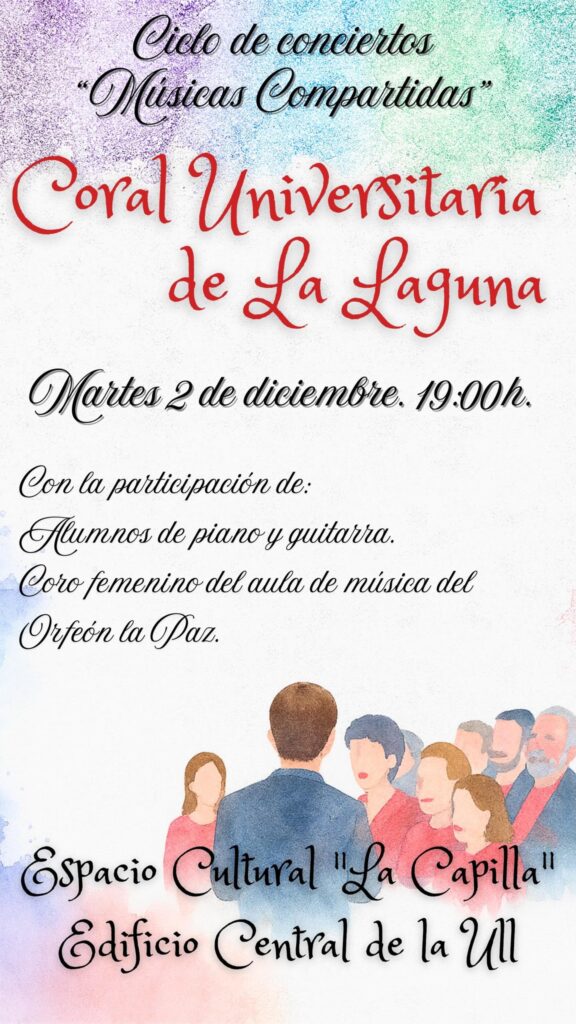 El acto, que comenzó a las 19:00 horas en el Espacio Cultural “La Capilla” del Edificio Central de la Universidad de La Laguna, contó con la intervención especial de alumnos de piano y guitarra, así como con la colaboración del coro femenino del aula de música del Orfeón La Paz. El programa combinó piezas corales con interludios instrumentales, creando un diálogo sonoro entre las distintas formaciones.