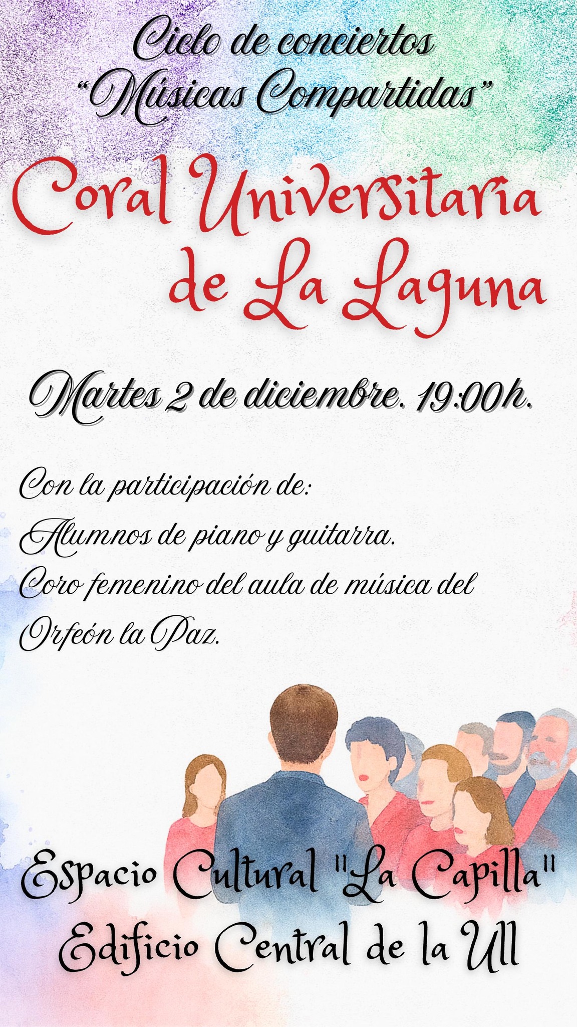 El acto, que comenzó a las 19:00 horas en el Espacio Cultural “La Capilla” del Edificio Central de la Universidad de La Laguna, contó con la intervención especial de alumnos de piano y guitarra, así como con la colaboración del coro femenino del aula de música del Orfeón La Paz. El programa combinó piezas corales con interludios instrumentales, creando un diálogo sonoro entre las distintas formaciones.