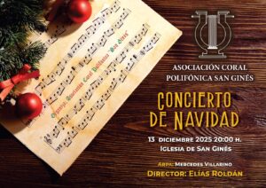 La Asociación Coral Polifónica San Ginés celebrará su Concierto de Navidad el próximo 13 de diciembre de 2025, a las 20:00 horas, en la Iglesia de San Ginés. El programa, de carácter navideño, combinará obras corales con acompañamiento de arpa, creando una atmósfera cálida y festiva acorde con estas fechas.