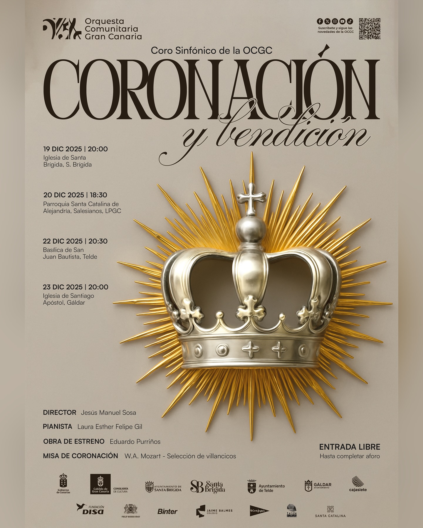 El concierto incluye además el estreno absoluto de ‘Navidad en Canarias’, del compositor grancanario Eduardo Purriños, una pieza creada especialmente para este proyecto que rinde homenaje a la identidad musical de las islas y a sus sonoridades navideñas. Con esta incorporación, la OCGC refuerza su apuesta por la creación contemporánea local y por acercar al público nuevas obras dentro de un contexto accesible y festivo