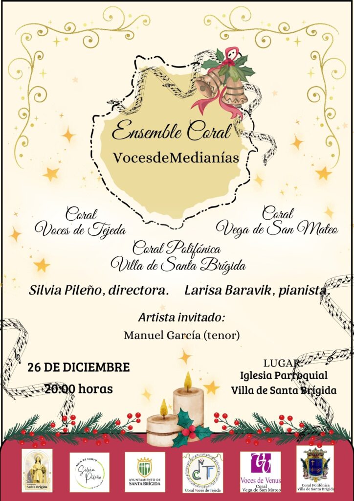En el concierto intervendrán la Coral Voces de Tejeda, la Coral Voces de Medianías, la coral de la Vega de San Mateo y la Coral Polifónica Villa de Santa Brígida, configurando un ensemble que reúne distintas agrupaciones de la comarca. La dirección artística corre a cargo de Silvia Pileño, mientras que el acompañamiento al piano lo realiza la pianista Larisa Baravik.​