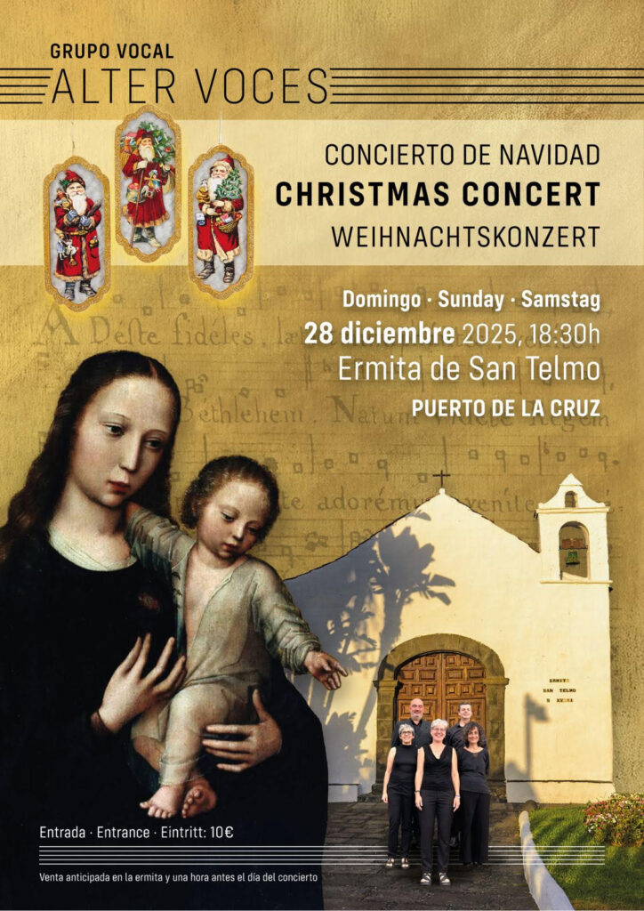 El grupo vocal Alter Voces celebrará su Concierto de Navidad el domingo 28 de diciembre de 2025, a las 18:30 horas, en la ermita de San Telmo, en el Puerto de la Cruz. Bajo el lema “Christmas Concert – Weihnachtskonzert”, la formación propondrá un viaje musical por diferentes tradiciones europeas, con un programa pensado para el público local y para los numerosos visitantes internacionales que pasan estas fechas en la ciudad turística.