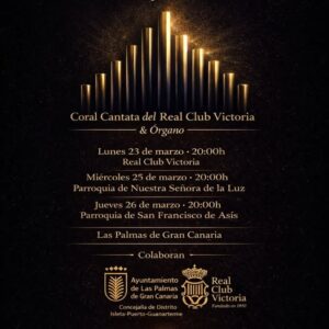 La Coral Cantata del Real Club Victoria ofrece un ciclo de tres conciertos junto a órgano que llenará de música sacra distintos espacios emblemáticos de Las Palmas de Gran Canaria a finales de marzo. Titular propuesto La Coral Cantata del Real Club Victoria y el órgano protagonizan un ciclo de tres conciertos de Semana Santa
