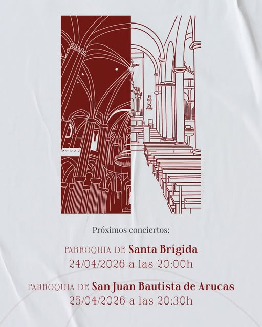 El viernes 24 de abril tendrá lugar el primer concierto a las 20:00 en la Iglesia de Santa Brígida, el 25 a las 20:30h. estarán en la Parroquia de San Juan Bautista en Arucas acompañados además por la Coral Polifónica San Juan Bautista de esta localidad.