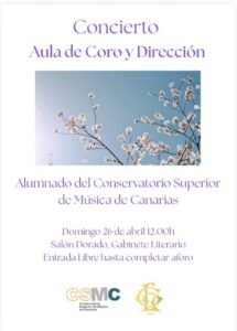Un recorrido por música vocal e instrumental con la magnifica obra de Laura Vega es la propuesta del Aula de Coro y Dirección del Conservatorio Superior de Música de Canarias de este próximo domingo en el Gabinete Literario de Las Palmas de Gran Canaria a las 12:00h con entrada libre.