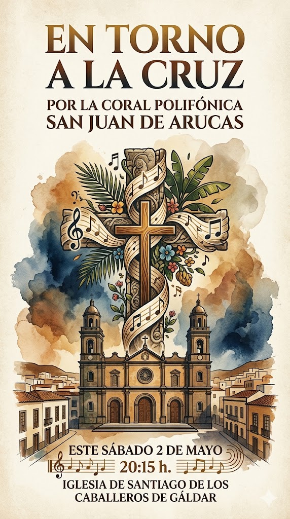 La Iglesia de Santiago de los Caballeros de Gáldar acogerá este sábado 2 de mayo a las 20:15 horas el concierto “En torno a la Cruz”, protagonizado por la Coral Polifónica San Juan de Arucas. El evento propone una velada musical con una fuerte carga simbólica y estética, en un entorno patrimonial de especial relevancia. La cita une música y tradición en torno a la cruz como elemento central del cartel, con una propuesta coral pensada para el público local y para quienes deseen disfrutar de una actuación en un espacio emblemático del casco histórico galdense.