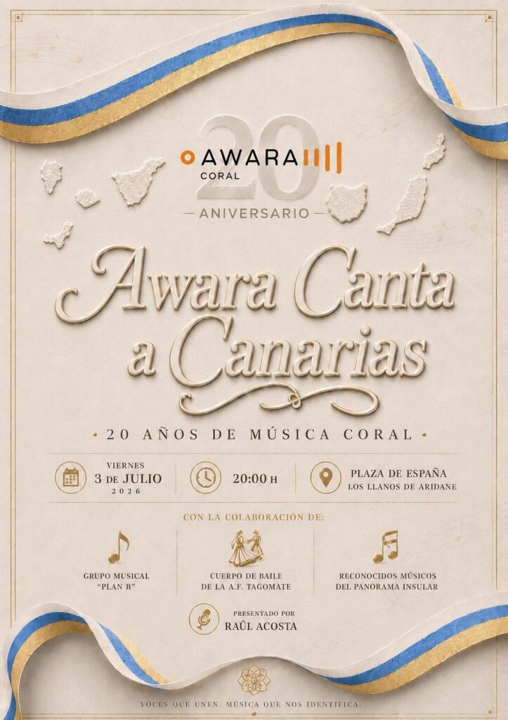 La Coral Awara celebrará su 20 aniversario con el concierto “Awara canta a Canarias”, una cita que reunirá música coral, danza y colaboración artística en la Plaza de España de Los Llanos de Aridane