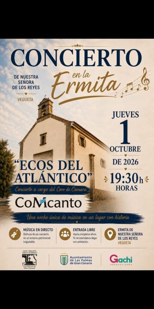 El coro de cámara ComCanto ofrecerá el concierto “Ecos del Atlántico” el próximo jueves 1 de octubre de 2026, a las 19:30 horas, en la ermita de Nuestra Señora de los Reyes, en Vegueta.