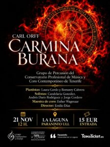 «Carmina Burana» sonará en el Paraninfo de la ULL con el Coro Contemporáneo de Tenerife y el Grupo de Percusión del Conservatorio
